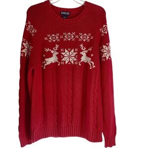 Vintage Lands End Sweater Men L Red Reindeer Snowflake‎ Christmas Knit Holiday